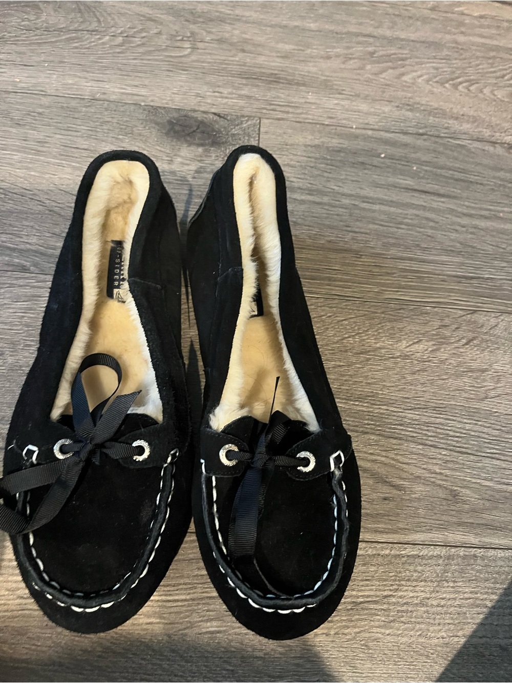 Sperry Black Suede Faux-Fur Lined Moccasin Slippers